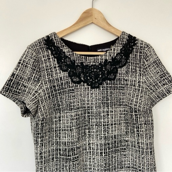 KARL LAGERFELD GREY/BLACK/WHITE SHEATH STYLE DRESS WITH LACE APPLIQUE, SIZE  10 - Picture 3 of 9